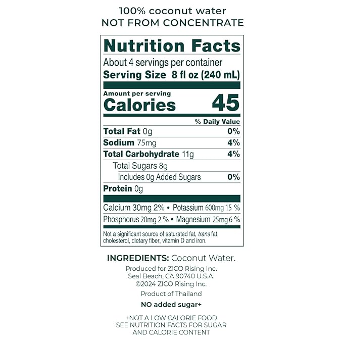 Zico 100% Coconut Water, No added Sugar, Refreshingly Delicious, Hydration with Electrolytes, 33.8