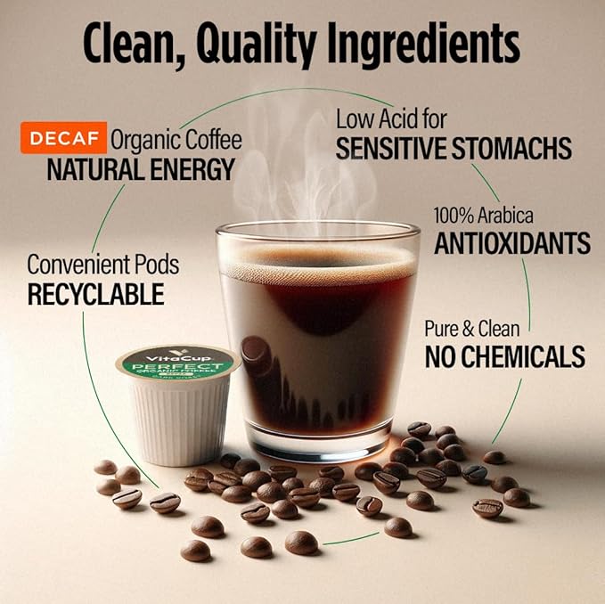 VitaCup Organic Perfect Dark Roast Decaf Coffee Pod for Pure & Clean Energy, Antioxidants, Low