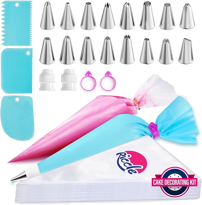 Riccle Piping Bags and Tips Set, 11.8 Inch 100 Anti Burst Piping Bags, 124 Pcs Cake Decorating Kit