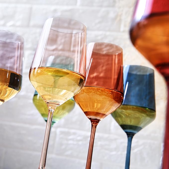 Colored Crystal Wine Glasses - Water & Wine 12oz | Set of 6 | Cute Pastel Muted Crystal Cocktail