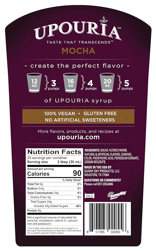 Upouria Mocha Coffee Syrup Flavoring, 100% Vegan, Gluten-Free, Kosher, 750 mL Bottle (Pack of 2)