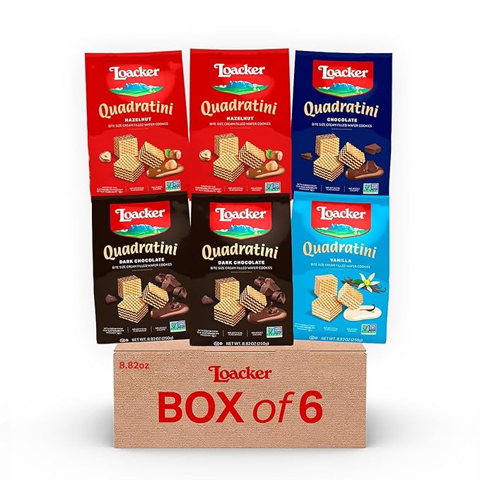 Loacker Quadratini Variety Pack Wafer Cookies LARGE - 30% Less Sugar - Mix of Hazelnut, Dark