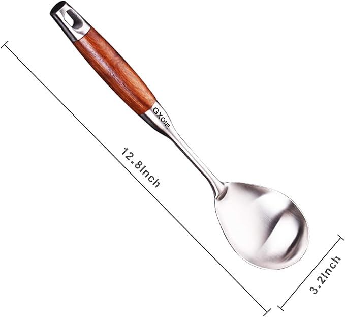 Large Serving Spoons,304 Stainless Steel Cooking Spoon with Heat Resistant Wooden