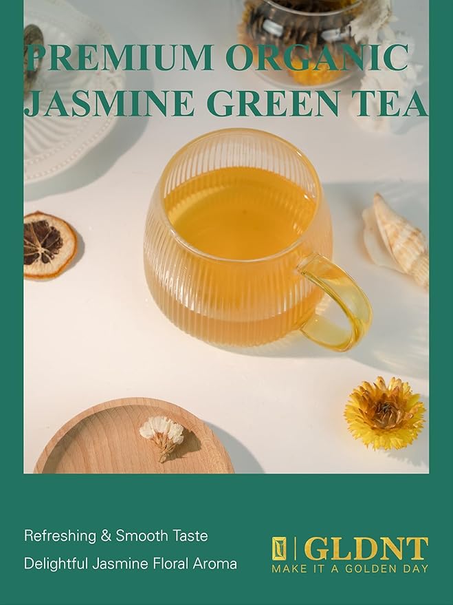 GLDNT Organic Jasmine Green Tea Bags, Organic Green Tea Scented with Jasmine Flowers, Floral Aroma