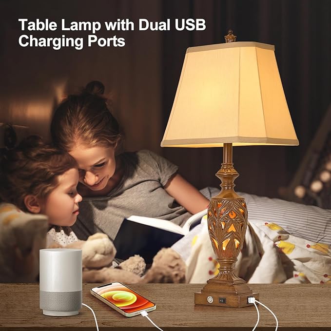 29.5"H Touch Control Traditional Table Lamp with Dual USB Ports, Set of 2, 3-Way Dimmable Hollow