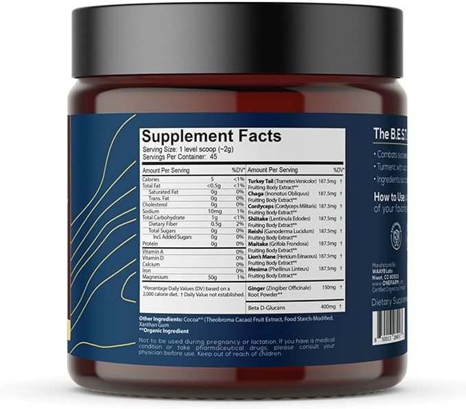 Organic 8 Mushroom Immunity Powder, Non-GMO - Turkey Tail, Chaga, Cordyceps, Shiitake, Reishi