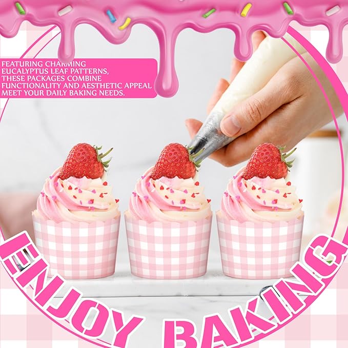 Vesici 150 Pcs Pink Gingham Ice Cream Cups 5oz Dessert Paper Bowls Gingham Scalloped Cupcake Cups