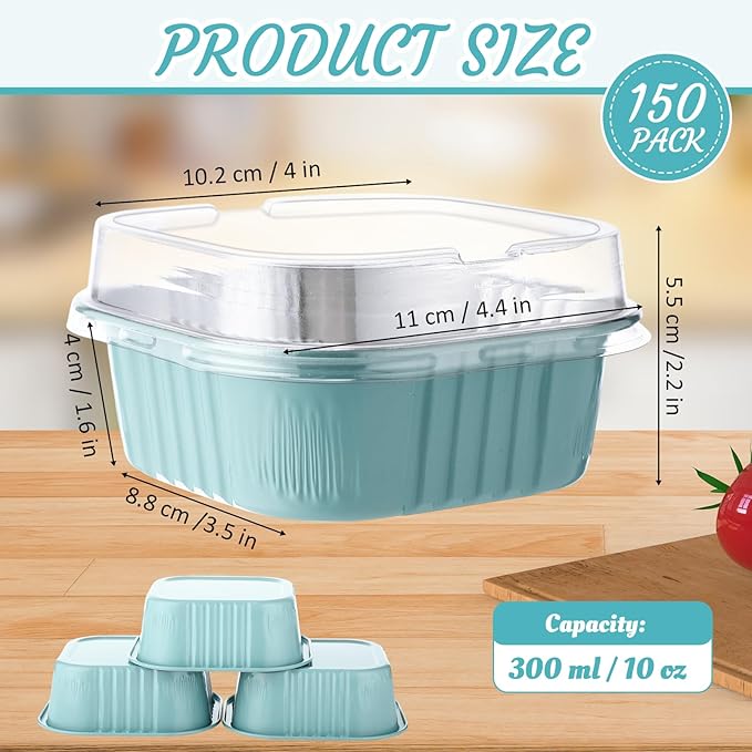 Aoriher 150 Pieces 10 oz Mini Cake Pans with Lids Aluminum Foil Baking Cups Square Disposable 4" x