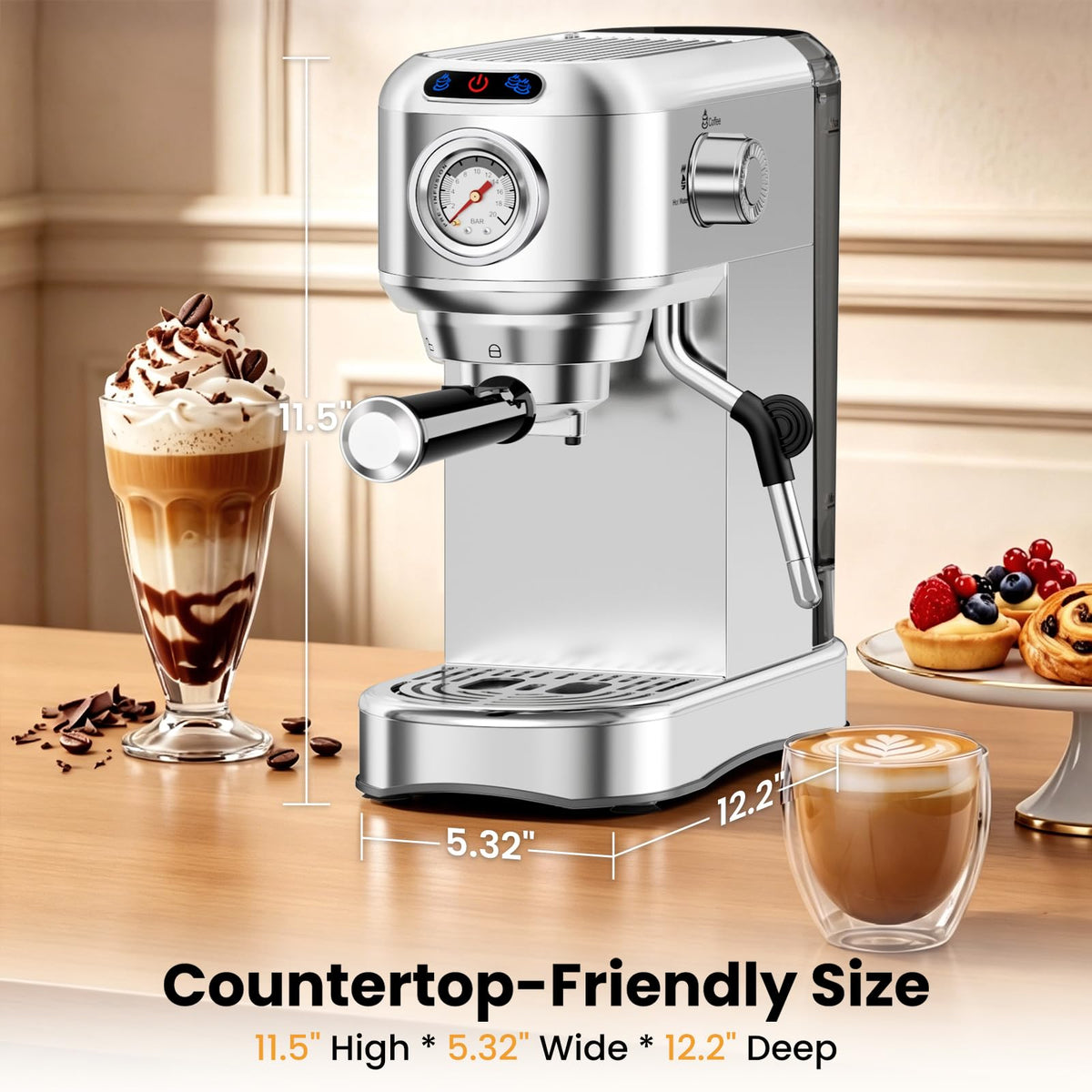 AERCANA Espresso Machine 20 Bar, Compact Espresso Coffee Machine with Milk Frother, Stainless Steel