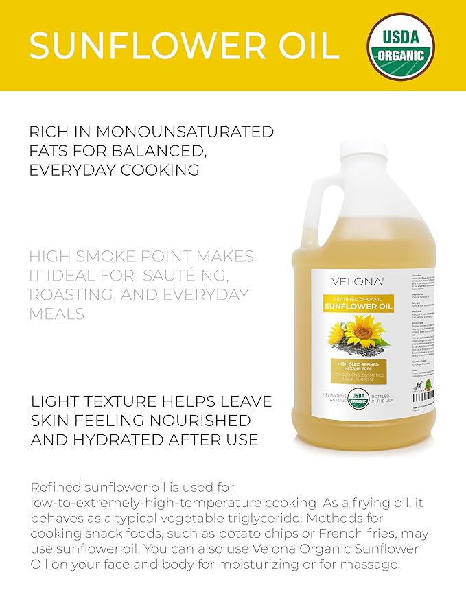 velona USDA Certified Organic Sunflower Oil - 64 Fl Oz | 100% Pure and Natural Carrier Oil | High