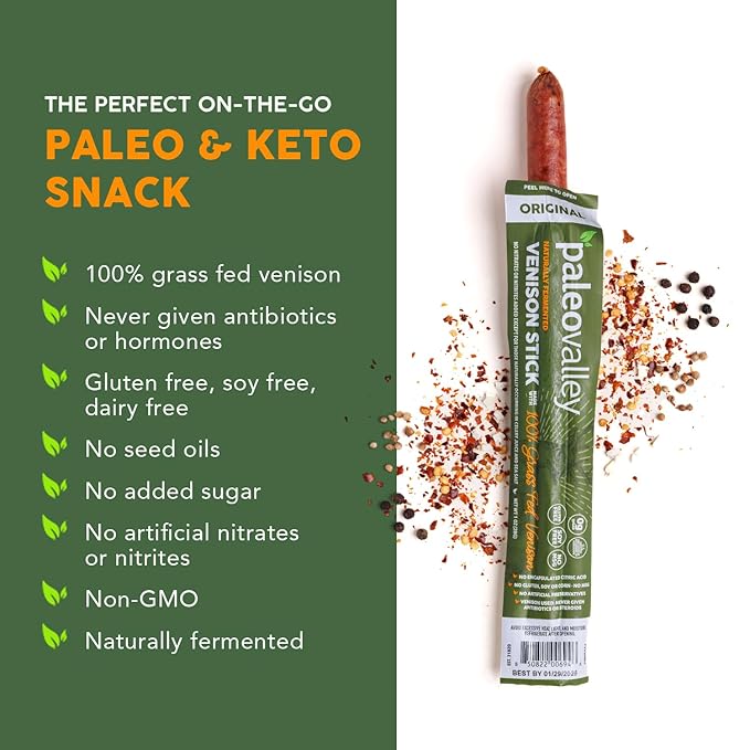 Paleovalley 100% Grass Fed Venison Sticks - 10 Pack -Keto-Friendly, High Protein, Low-Calorie Snack