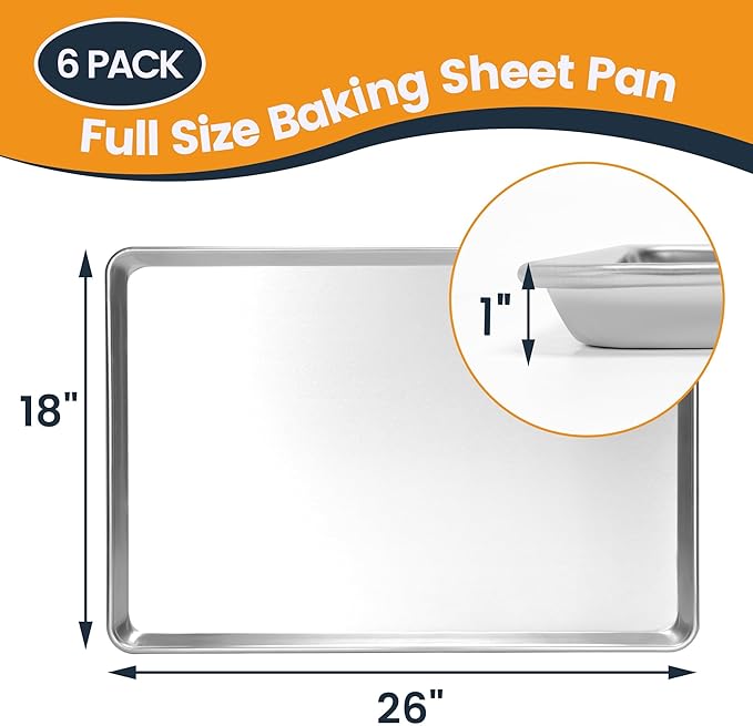 6 Pack Full Size Baking Sheet Pan, Aluminum Commercial Cookie Sheet Pan, Durable & Anti-Stick 26?쓝