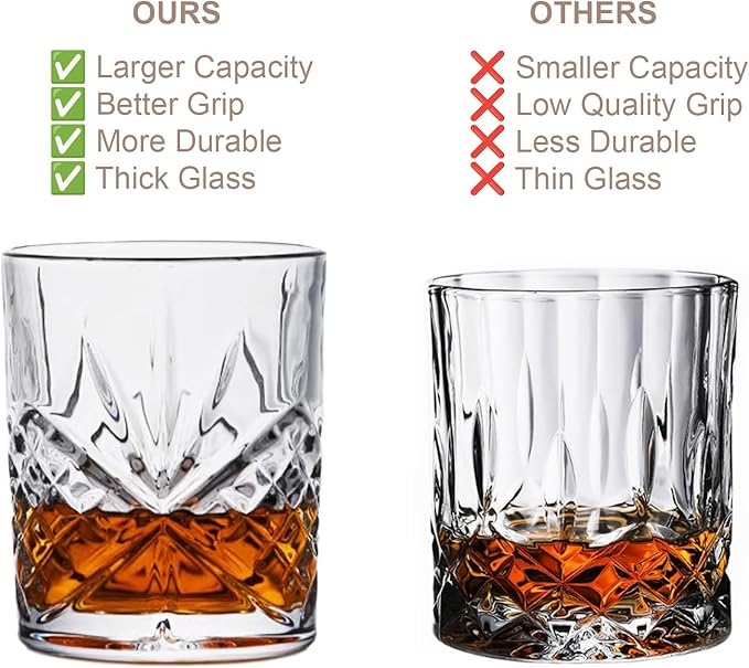 OLD BARREL Whiskey Glasses Set of 8 (4 Glasses with 4 Ice Ball Molds) 10oz Old Fashioned Crystal