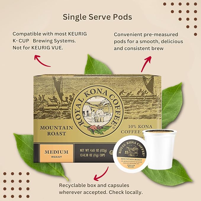 Royal Kona Coffee Mountain Roast, 10% Kona Coffee Blend, Medium-Roast Single-Serve Coffee Pods