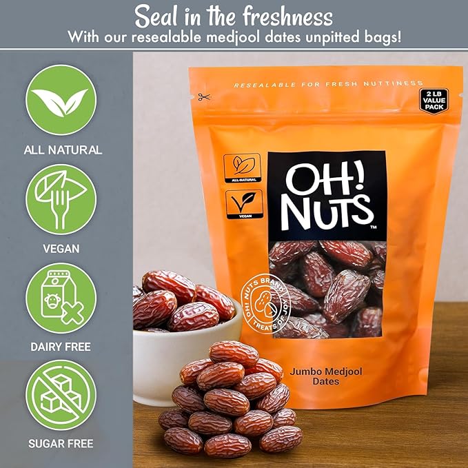 Oh! Nuts Jumbo Medjool Dates - Dried Dates - 2 lb - Unpitted Medjool Dates - No Sugar Added