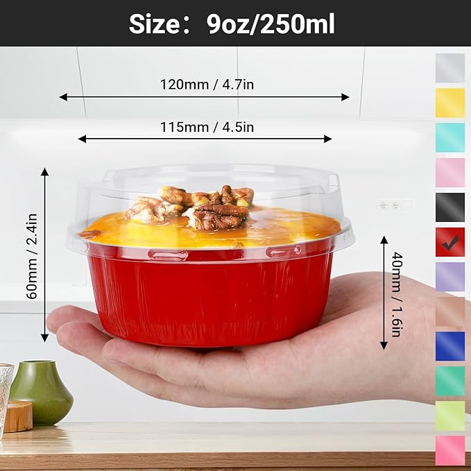 EUSOAR Cake Container, 50pcs 9oz Red Aluminum Pan Carrier with Lid, Disposable Foil Ramekins Oven