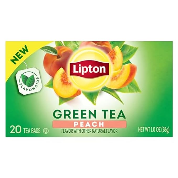 Lipton Peach Green Tea Bags, Flavored, Unsweetened Teabags for Hot Tea or Peach Iced Tea with