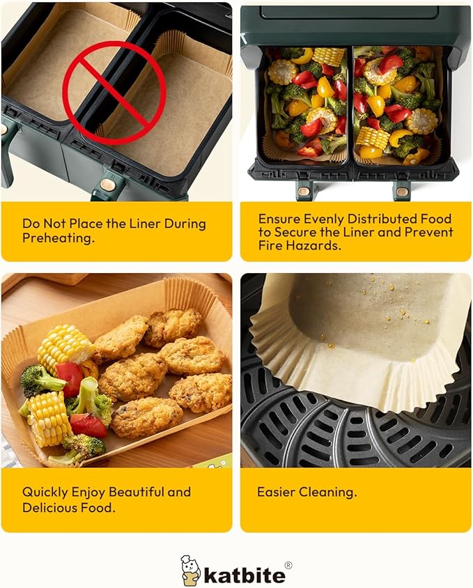 Katbite Air Fryer Liners Disposable - 100PCS, 8x5.5'' Rectangle Liners for Air Fryer Basket, Thick