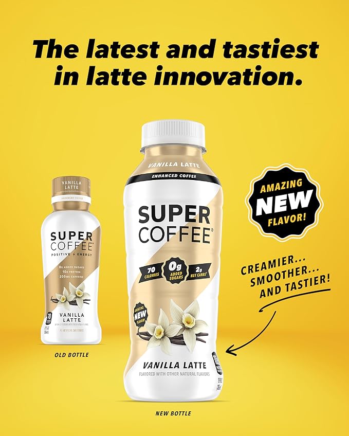 Super Coffee, Ready To Drink Iced Coffee, Vanilla Latte (12 Ounce Bottles, Pack of 12) - Low Net