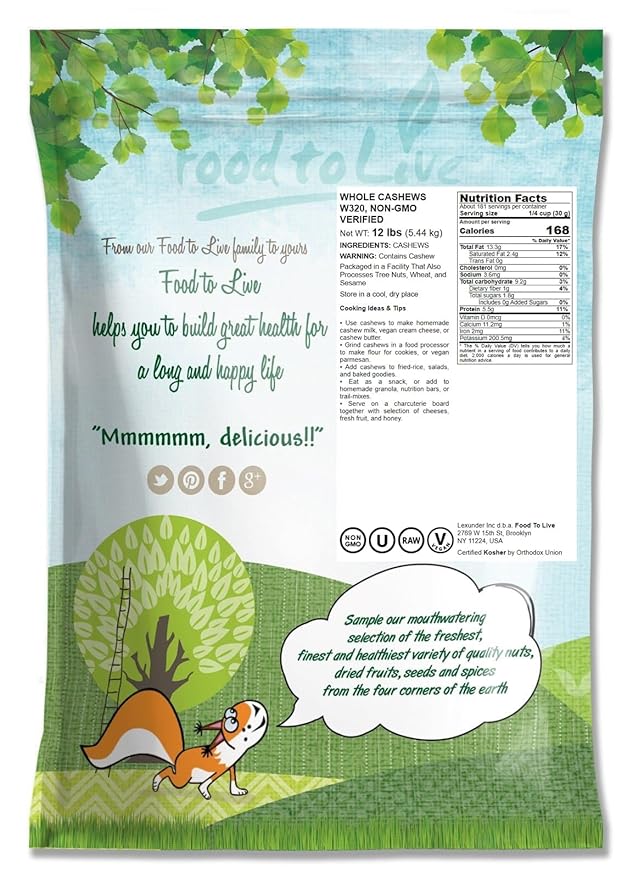 Food to Live - Raw Cashews, 12 Pounds ??Deluxe Whole Nuts, Unsalted, Unroasted Fancy Snack, Size