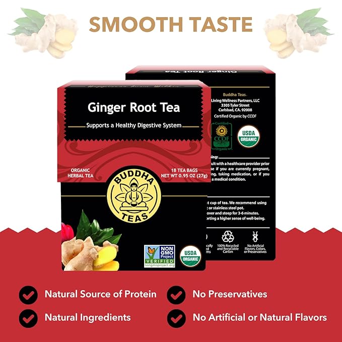 Buddha Teas - Organic Ginger Root Tea - Herbal Tea - For Health & Wellbeing - With Antioxidants &