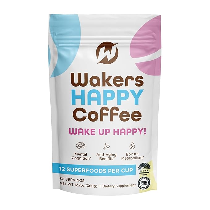 Wakers HAPPY Coffee supports energy, focus, anti-aging, and metabolism. Made in the USA with