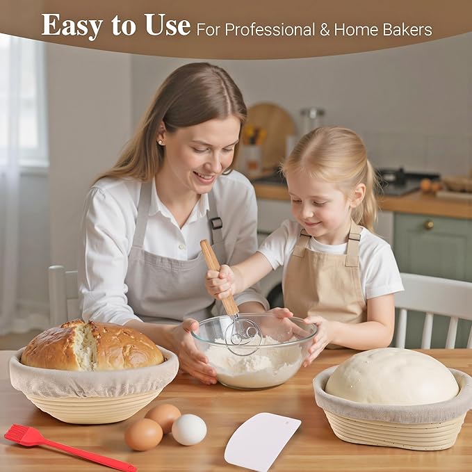 Sourdough Bread Proofing Basket Kit,9" Round and 10" Oval Banneton Basket with Liners &
