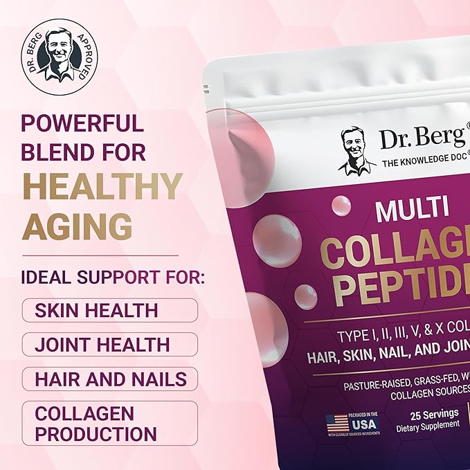 Dr. Berg Multi Collagen Peptides Powder Types I, II, III, V, X - Unflavored Collagen Powder w/ 14 g