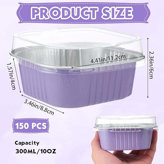 Aoriher 150 Pieces 10 oz Mini Cake Pans with Lids Aluminum Foil Baking Cups Square Disposable 4" x