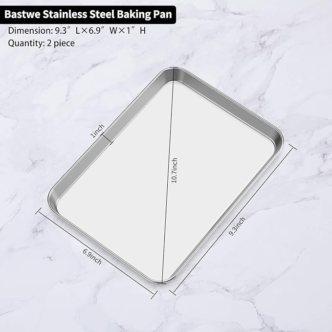 Baking Sheets 2 Pieces, Bastwe Stainless Steel Baking Pan Tray Cookie Sheet, Rectangle Size 9 X 7 X