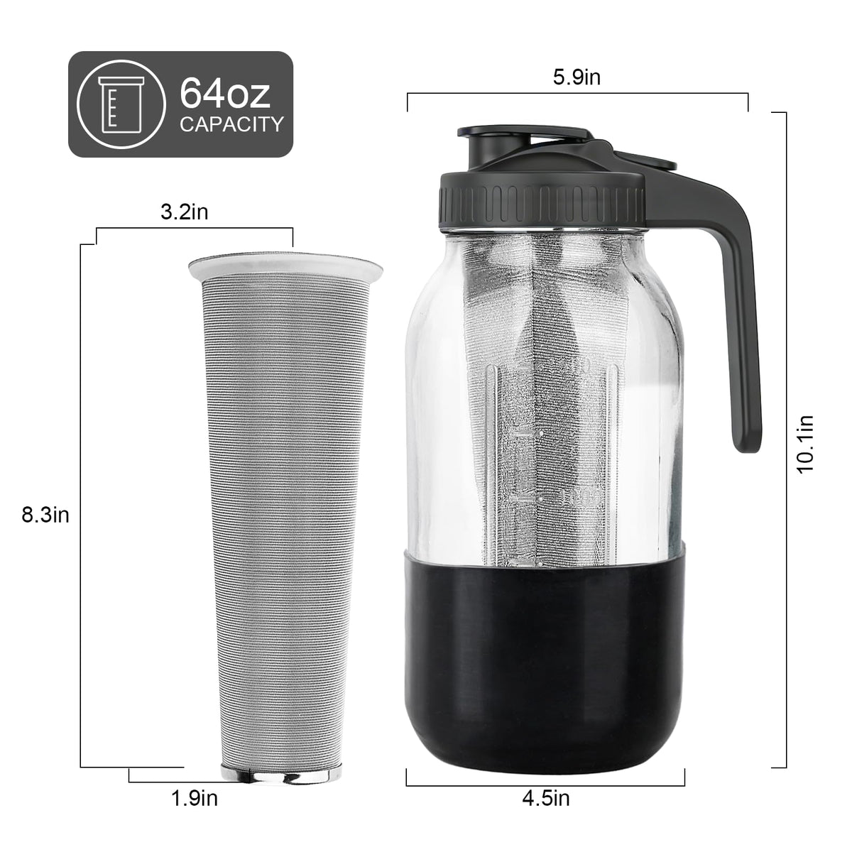 Cold Brew Coffee Maker, 64oz Mason Jar Pitcher with Stainless Steel Filter, Leak-Proof Lid with