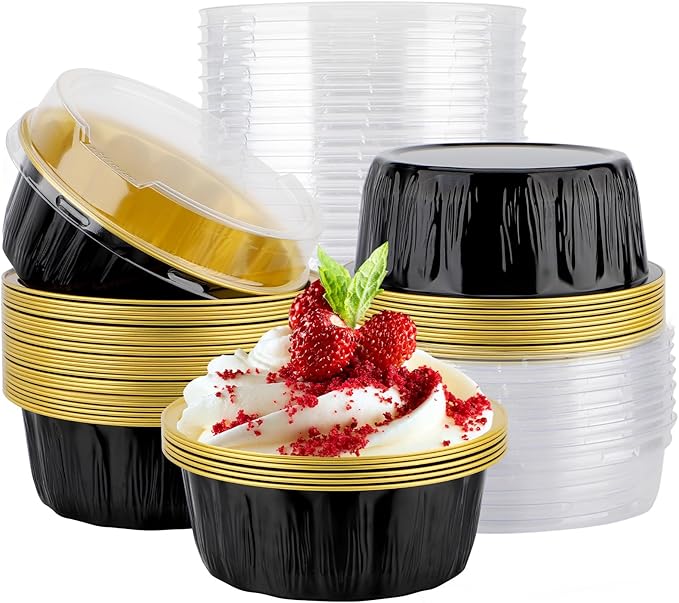 EUSOAR Cupcake Liners, 25pcs 9oz Black Disposable Ramekins with Lids Oven Safe, Cake Container Pans