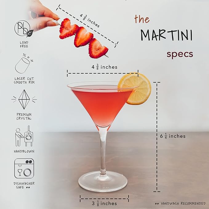 PURE MORA Martini Glasses, Set of 4-7oz - Handblown Premium Crystal Glass for Cockails, Martinis
