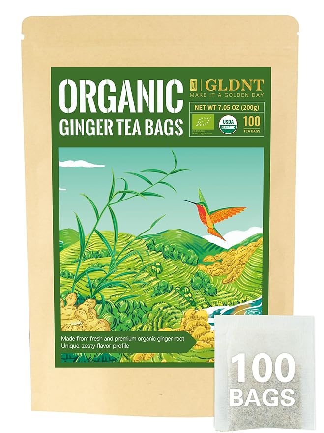 GLDNT Organic Ginger Tea Bags, Natural Organic Ginger Root Tea, Spicy & Zesty Flavor, Caffeine