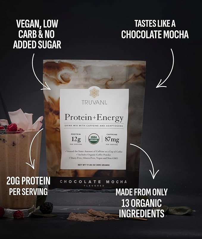 Truvani Protein + Energy Drink Mix with 87mg Caffeine | Chocolate Mocha | 12g Organic Plant Based