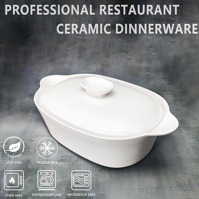 Casserole Dish with Lids, 2 Quart French White Ceramic Tureens, 12.8" x 7.9" Baking Dish, Serving