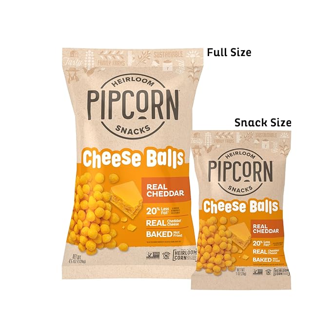 Heirloom Cheddar Cheese Balls by Pipcorn - 4.5oz 6 Pack - Gluten Free, Non-GMO Heirloom Corn
