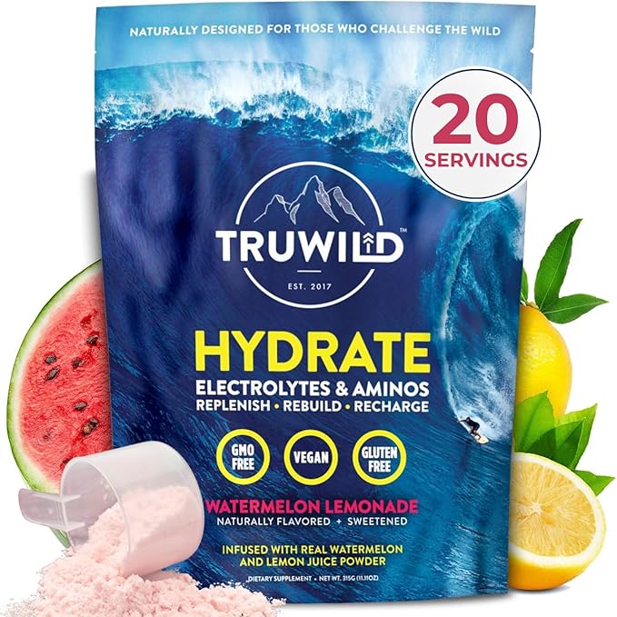 TruWild Natural Hydration Powder with Zero Sugar, Vegan Electrolytes + Amino Acids, Recovery Drink