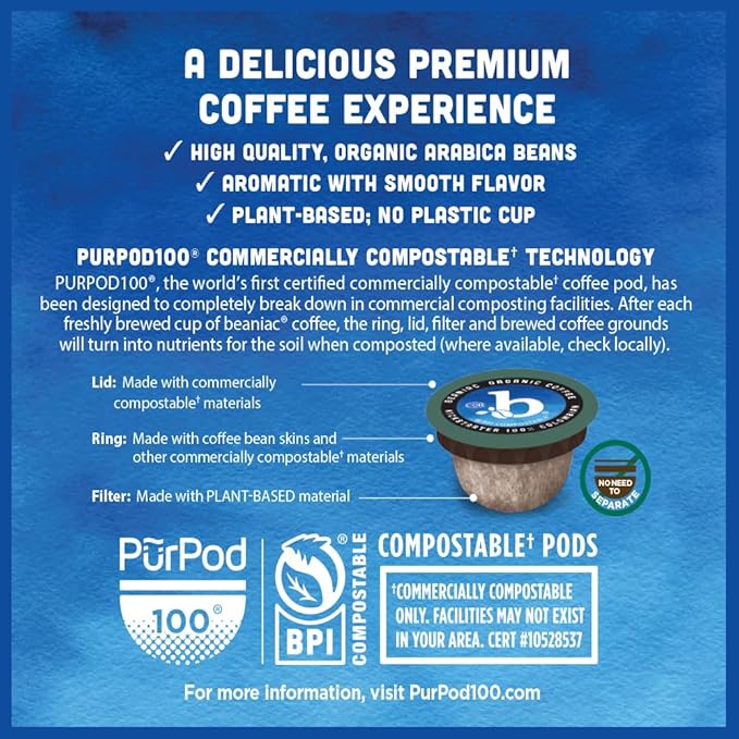 beaniac Organic Kickstarter Colombian, Medium Light Roast, Single Serve Compostable K Cup Coffee