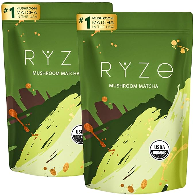 RYZE SUPERFOODS Mushroom Matcha Starter Kit, USDA Organic with 6 Adaptogenic Mushrooms and