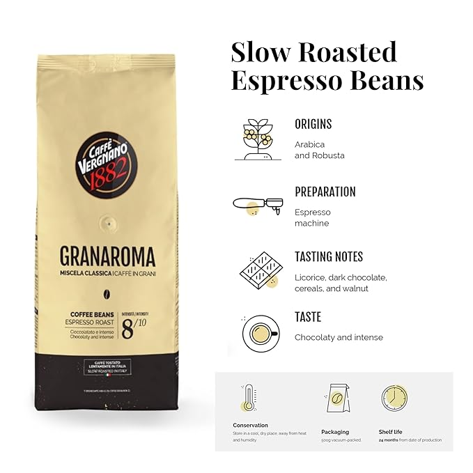 Caffe Vergnano 1882 Gran Aroma Whole Bean Arabica Medium Espresso Roast Coffee, 1.1lbs Bag