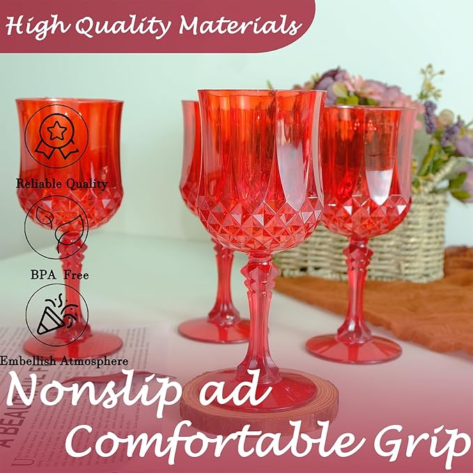 Plastic Wine Glasses，Plastic Goblets Vintage Style Cordial Drinking Glasses for Wedding Reception