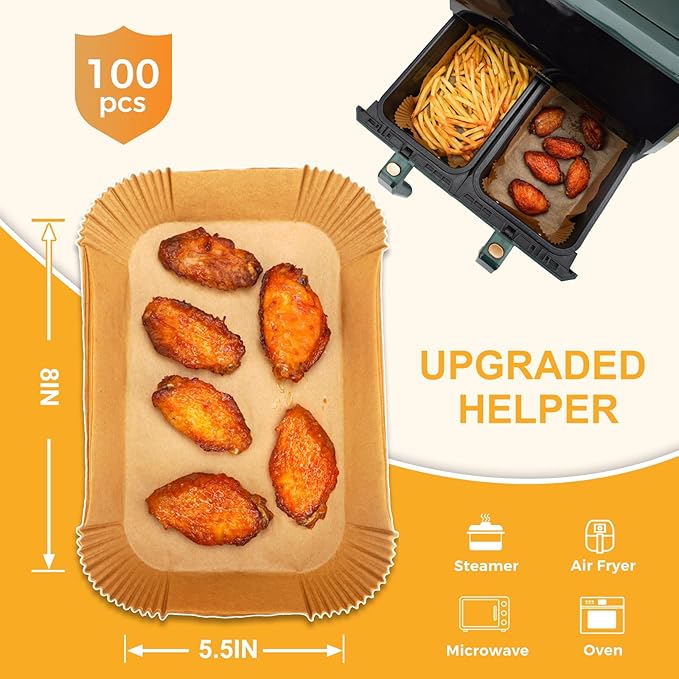 Vailnd Air Fryer Liners Disposable for Dual Basket, 100Pcs 8x5.5 Inch Rectangle Air Fryer Paper