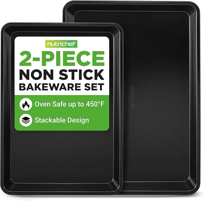 NutriChef 2-Piece Black Non-Stick Cookie Sheet Baking Tray Set - Versatile & Durable Carbon Steel