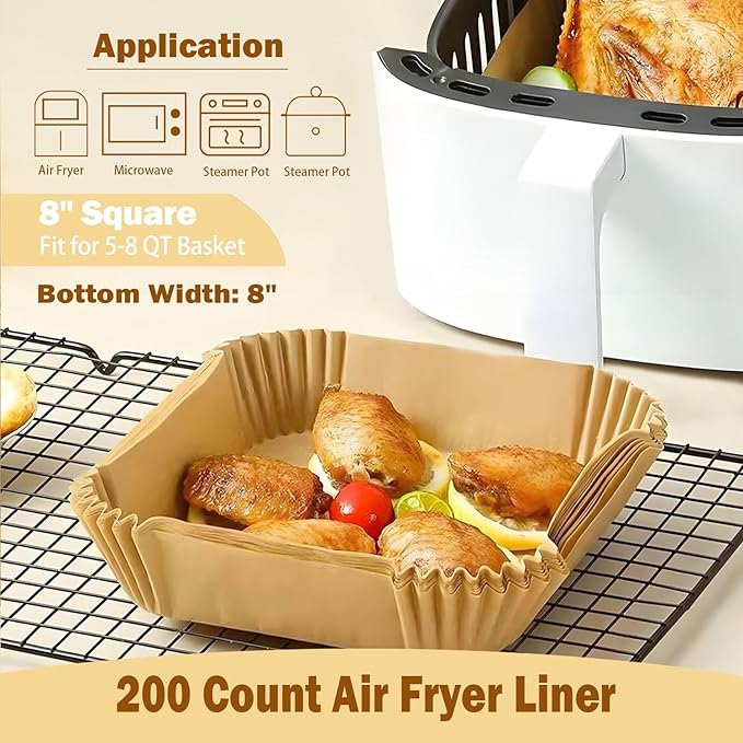 200 Pcs 8" Air Fryer Liner Square Baking Parchment Paper Airfryer Liners,Unbleached Disposable
