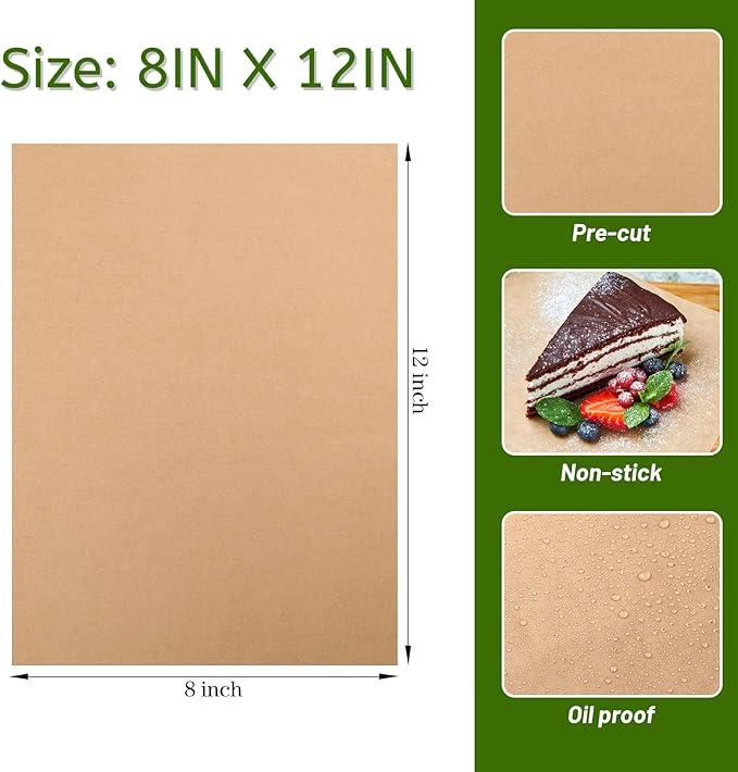 WMKGG 100Pcs Unbleached Parchment Paper for Baking, 8 x 12 Inch Precut Heavy Duty Parchment Paper