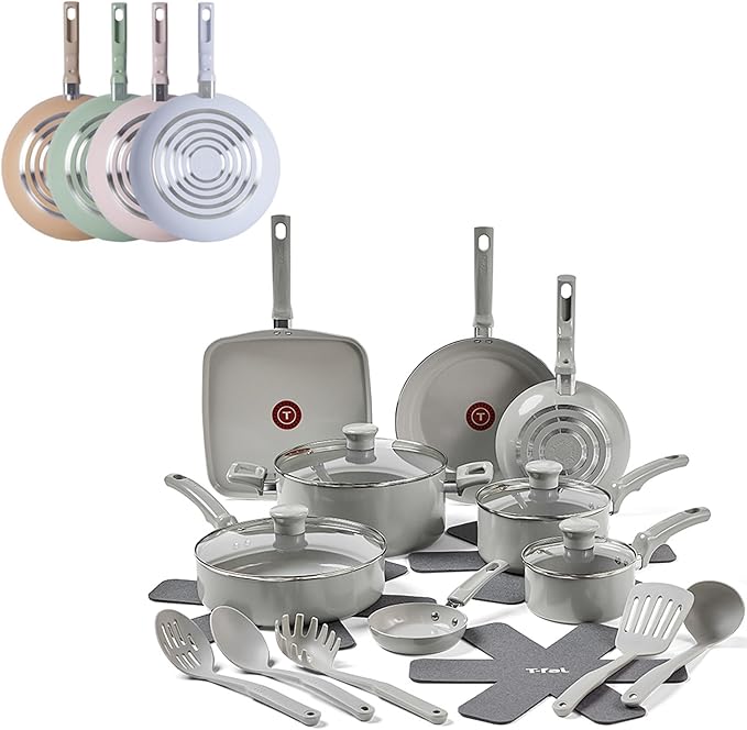 T-Fal Refresh Ceramic Pots and Pans Set, 20-Piece Nonstick Cookware Set, Stockpot, Griddle, Frying
