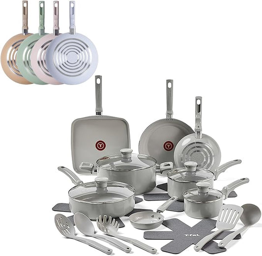 T-Fal Refresh Ceramic Pots and Pans Set, 20-Piece Nonstick Cookware Set, Stockpot, Griddle, Frying