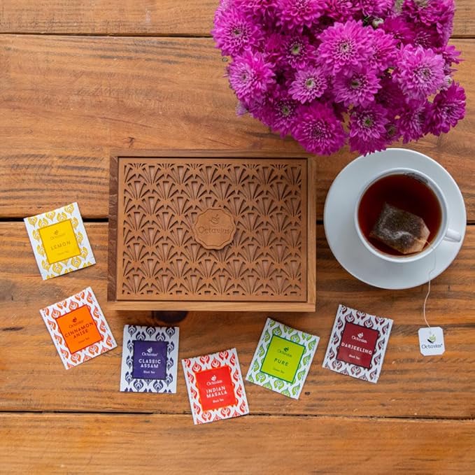 Octavius Tropical Palm Cutwork Wooden Tea Sampler Box | Premium Black & Green Tea Gift Set | 6