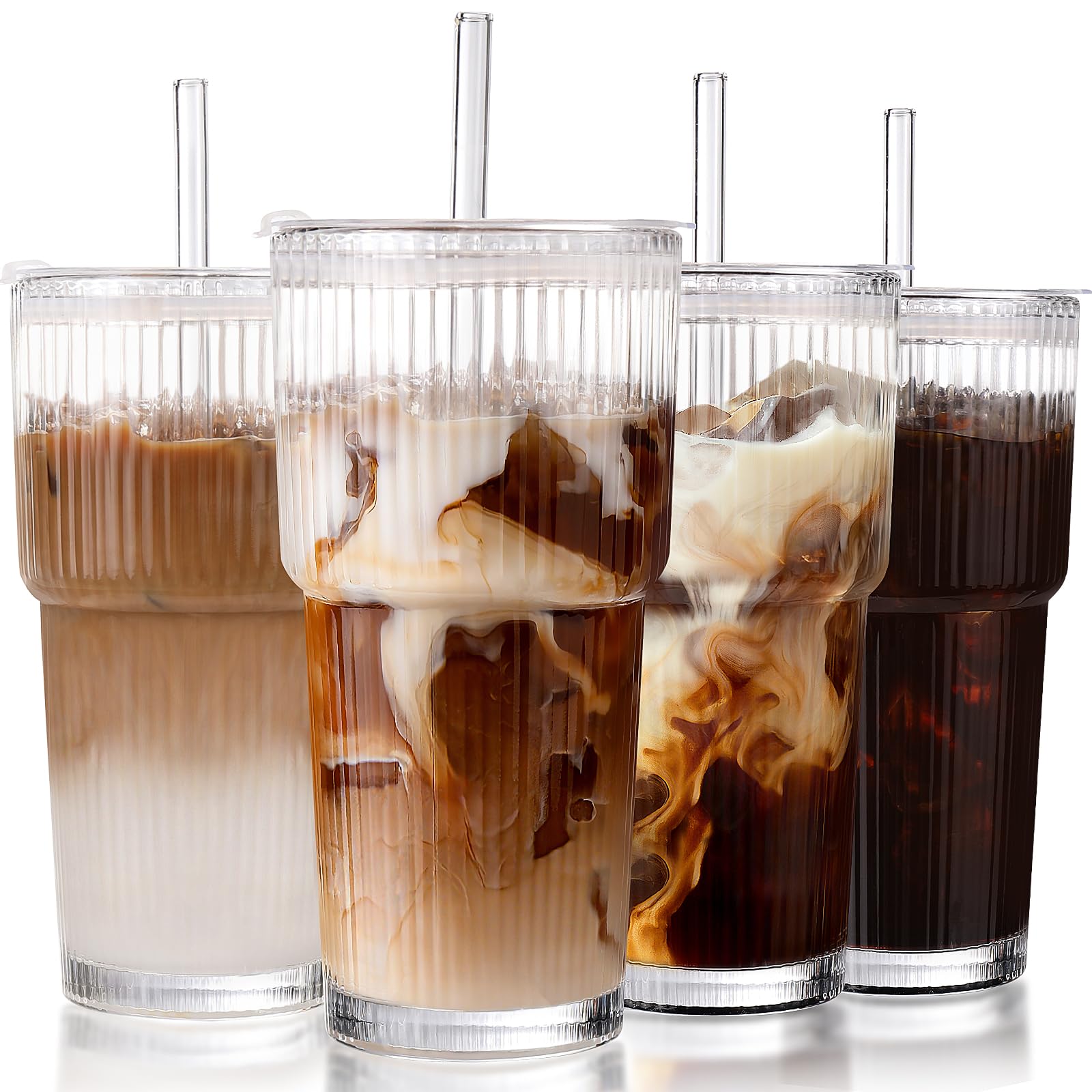 Iced Coffee Cups with Lids: Coffee Bar Accessories - Ribbed Glass Tumbler with Straw and Lid 4Pcs